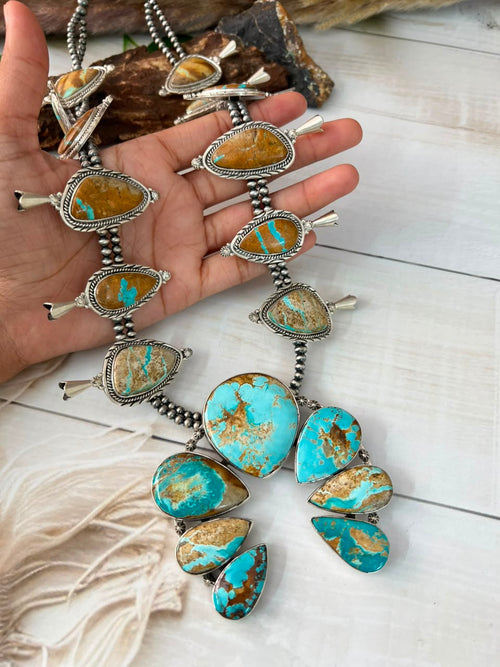 Handmade Sterling Silver Royston Ribbon Turquoise Collection: Naja Squash Blossom Beaded Necklace Signed Nizhoni