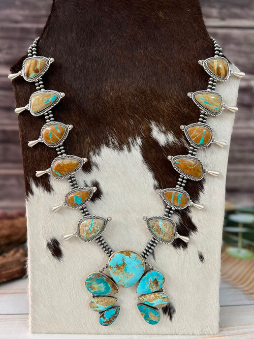 Handmade Sterling Silver Royston Ribbon Turquoise Collection: Naja Squash Blossom Beaded Necklace Signed Nizhoni