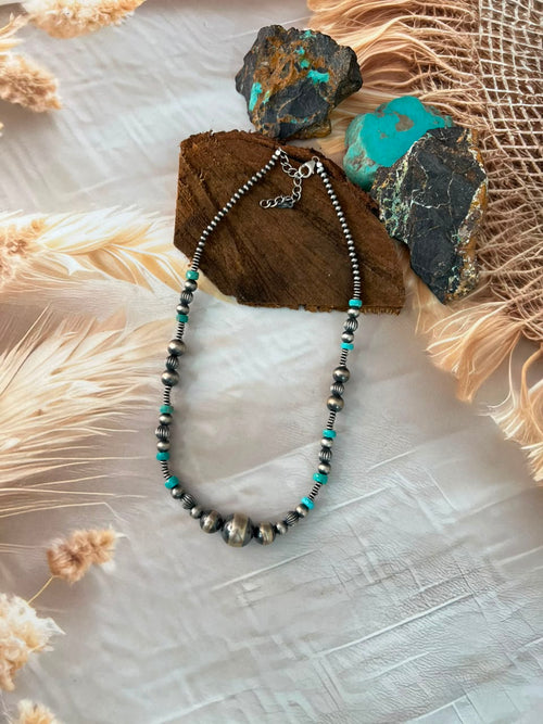 Handmade Sterling Silver Kingman Turquoise Beaded Necklace Signed Nizhoni