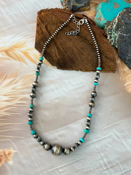 Handmade Sterling Silver Kingman Turquoise Beaded Necklace Signed Nizhoni