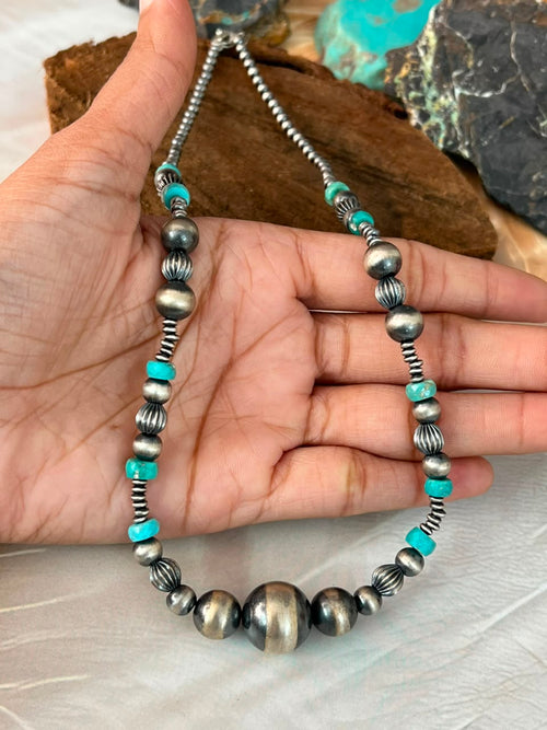 Handmade Sterling Silver Kingman Turquoise Beaded Necklace Signed Nizhoni