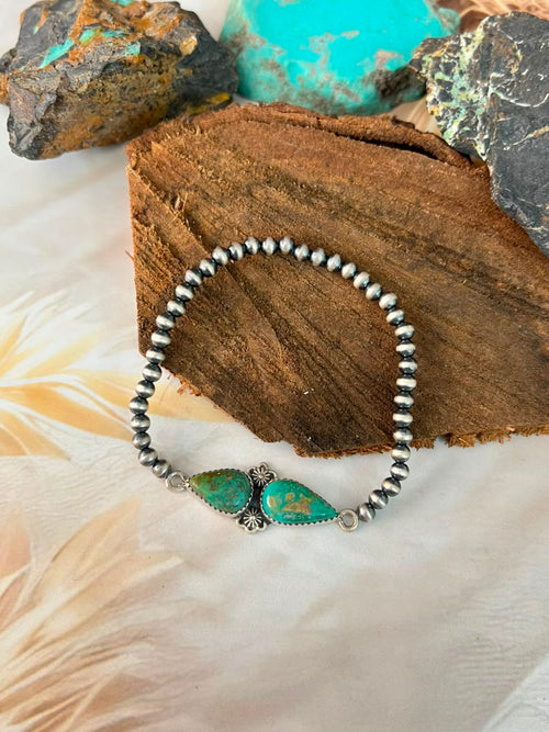 Handmade Sterling Silver Sonoran Turquoise Collection: Stretchy Beaded Bracelet Signed Nizhoni
