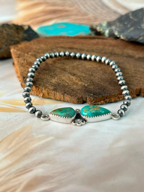 Handmade Sterling Silver Sonoran Turquoise Collection: Stretchy Beaded Bracelet Signed Nizhoni