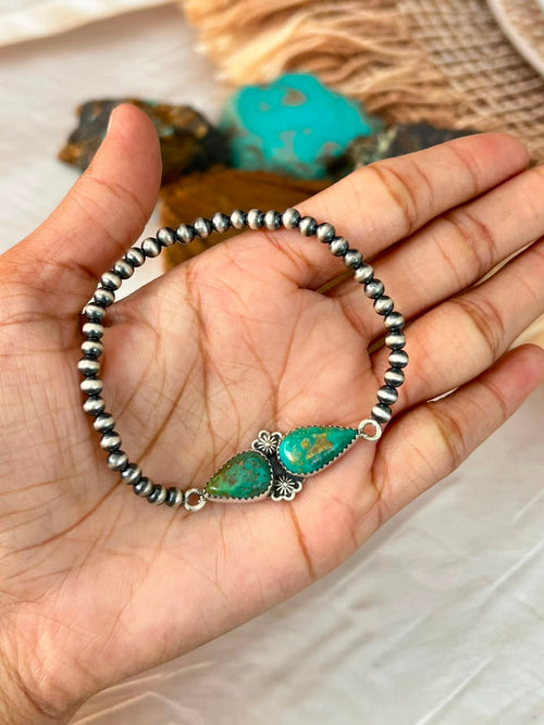Handmade Sterling Silver Sonoran Turquoise Collection: Stretchy Beaded Bracelet Signed Nizhoni