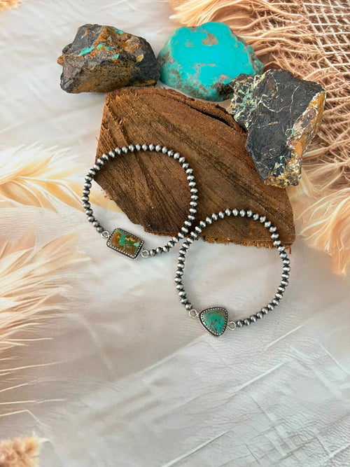 Handmade Sterling Silver Sonoran Turquoise Collection: Stretchy Beaded Bracelet Signed Nizhoni