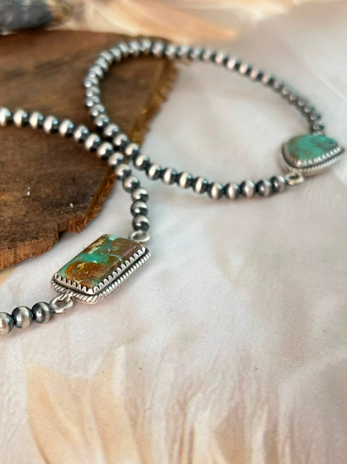 Handmade Sterling Silver Sonoran Turquoise Collection: Stretchy Beaded Bracelet Signed Nizhoni