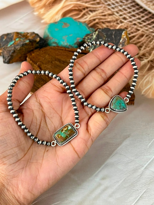 Handmade Sterling Silver Sonoran Turquoise Collection: Stretchy Beaded Bracelet Signed Nizhoni