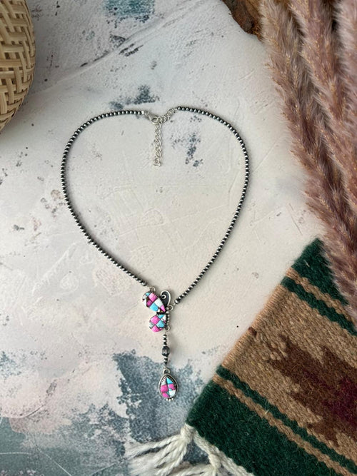 Handmade Sterling Silver Cotton Candy Beaded Butterfly Necklace Signed Nizhoni
