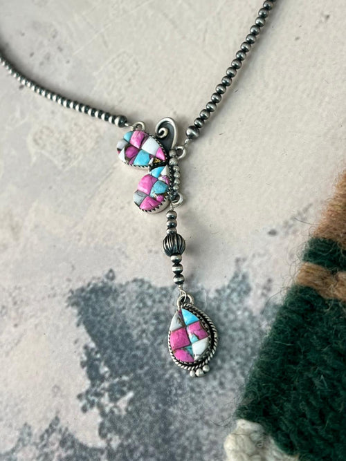 Handmade Sterling Silver Cotton Candy Beaded Butterfly Necklace Signed Nizhoni