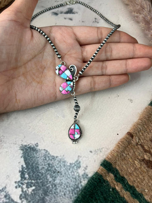 Handmade Sterling Silver Cotton Candy Beaded Butterfly Necklace Signed Nizhoni