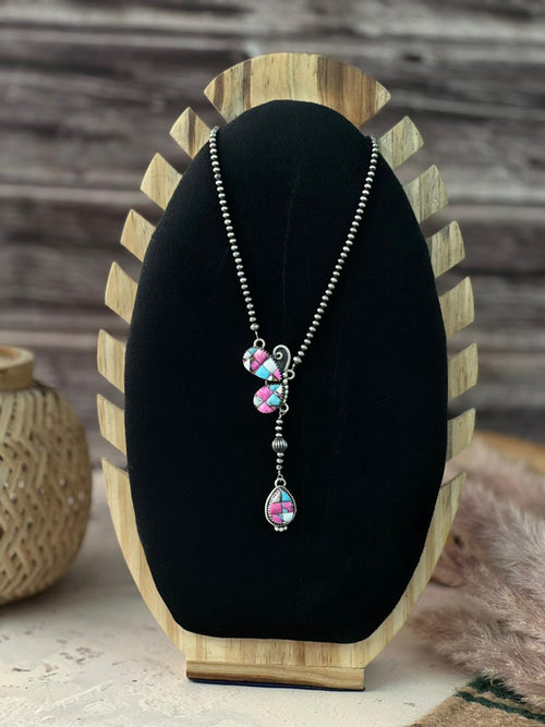 Handmade Sterling Silver Cotton Candy Beaded Butterfly Necklace Signed Nizhoni