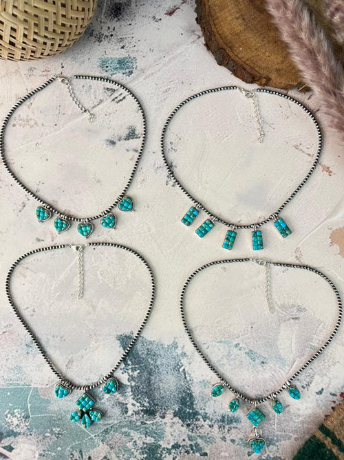 Handmade Sterling Silver Kingman Turquoise Cobble Stone Necklace Beaded Signed Nizhoni