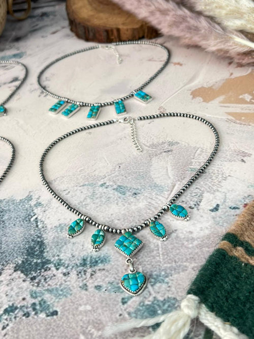 Handmade Sterling Silver Kingman Turquoise Cobble Stone Necklace Beaded Signed Nizhoni