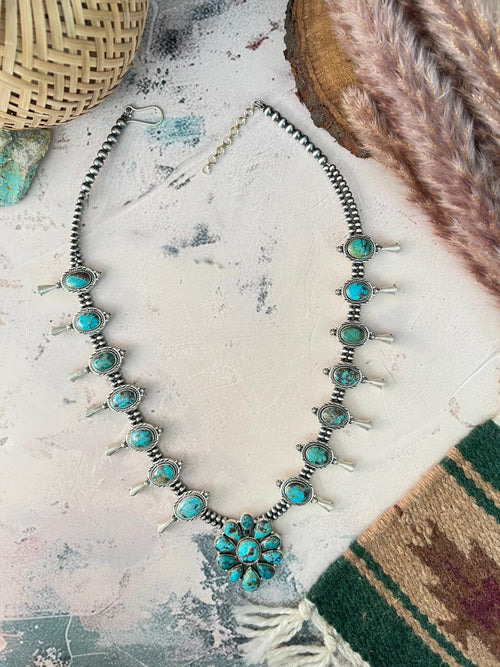 Handmade Sterling Silver Sierra Bella Turquoise Beaded Squash Blossom Necklace Signed Nizhoni
