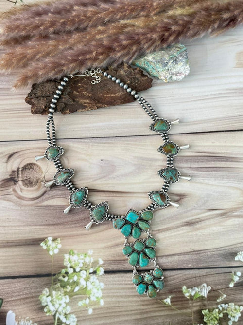 Handmade Sterling Silver Sonoran Turquoise Squash Blossom Beaded Necklace Signed Nizhoni