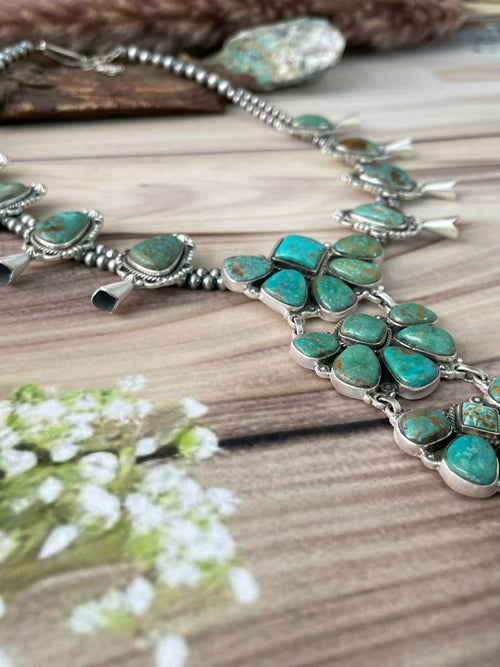 Handmade Sterling Silver Sonoran Turquoise Squash Blossom Beaded Necklace Signed Nizhoni