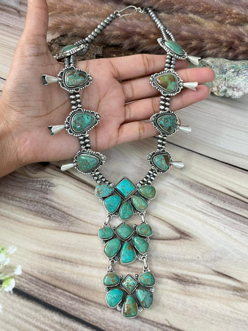 Handmade Sterling Silver Sonoran Turquoise Squash Blossom Beaded Necklace Signed Nizhoni
