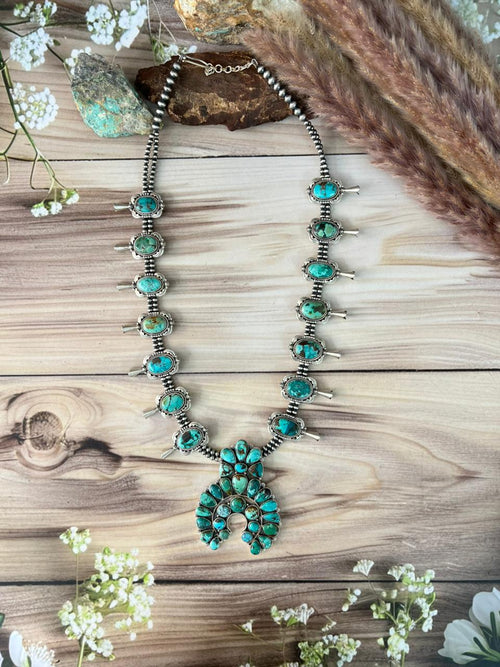 Handmade Sterling Silver Spider Web Turquoise Naja Beaded Squash Blossom Necklace Signed Nizhoni