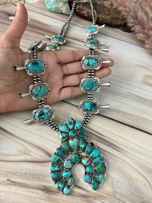 Handmade Sterling Silver Spider Web Turquoise Naja Beaded Squash Blossom Necklace Signed Nizhoni