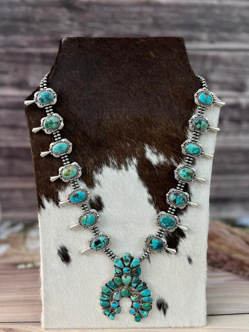 Handmade Sterling Silver Spider Web Turquoise Naja Beaded Squash Blossom Necklace Signed Nizhoni