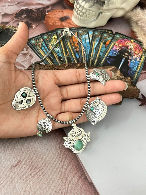 Handmade Sterling Silver Kingman Turquoise Halloween Collection: Beaded Necklace Signed Nizhoni