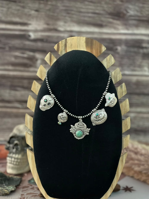 Handmade Sterling Silver Kingman Turquoise Halloween Collection: Beaded Necklace Signed Nizhoni