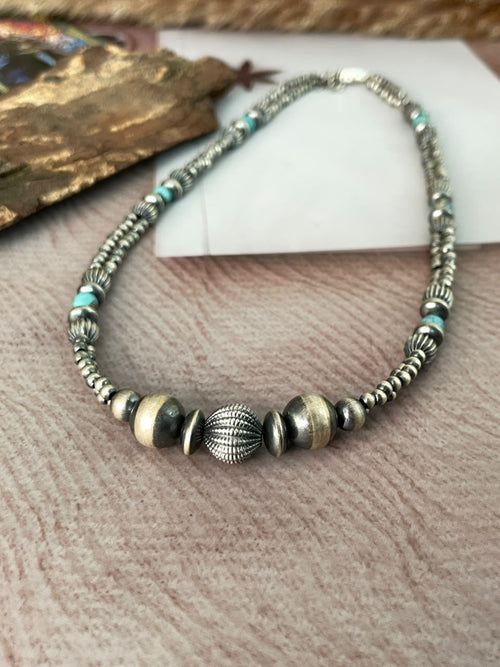 Handmade Sterling Silver Kingman Turquoise Beaded Necklace Signed Nizhoni