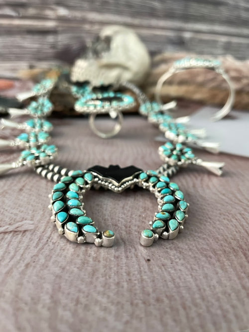 Handmade Sterling Silver Kingman Turquoise with Black Onyx Halloween Collection: Beaded Squash Blossom Necklace, Earrings, Ring and Bangle Set Signed Nizhoni