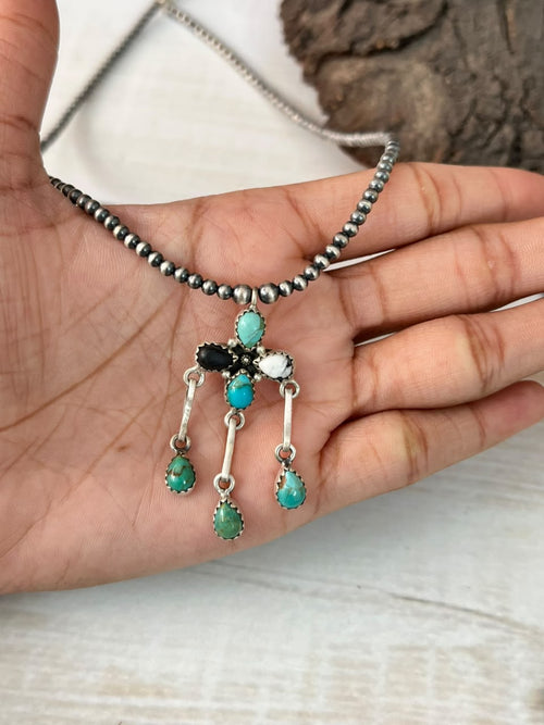 Handmade Sterling Silver Kingman Turquoise with White Buffalo Beaded Necklace Signed Nizhoni