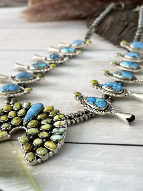 Handmade Sterling Silver Palomino with Golden Hills Turquoise Beaded Naja Necklace Signed Nizhoni
