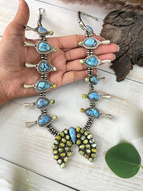 Handmade Sterling Silver Palomino with Golden Hills Turquoise Beaded Naja Necklace Signed Nizhoni