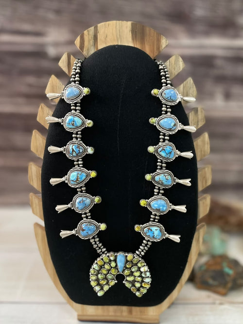 Handmade Sterling Silver Palomino with Golden Hills Turquoise Beaded Naja Necklace Signed Nizhoni