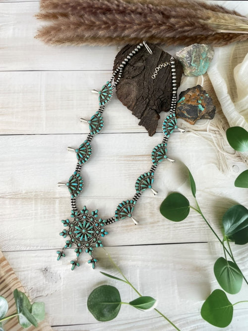 Handmade Sterling Silver Kingman Turquoise Squash Blossom Beaded Necklace Signed Nizhoni