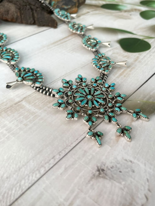 Handmade Sterling Silver Kingman Turquoise Squash Blossom Beaded Necklace Signed Nizhoni