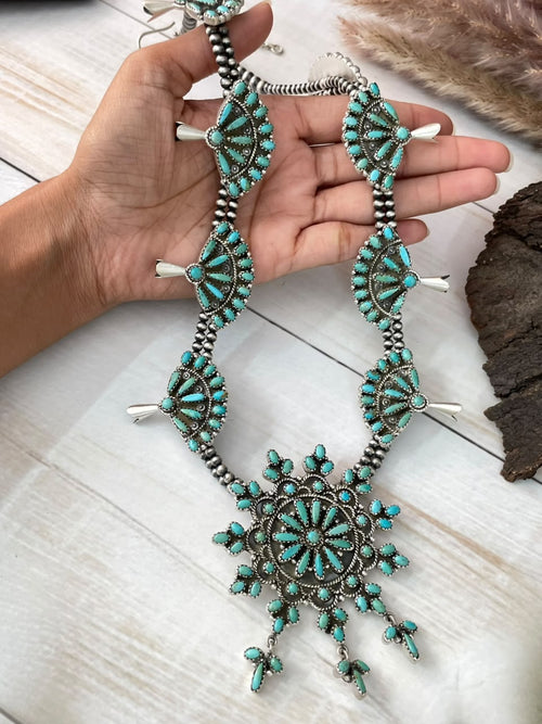 Handmade Sterling Silver Kingman Turquoise Squash Blossom Beaded Necklace Signed Nizhoni