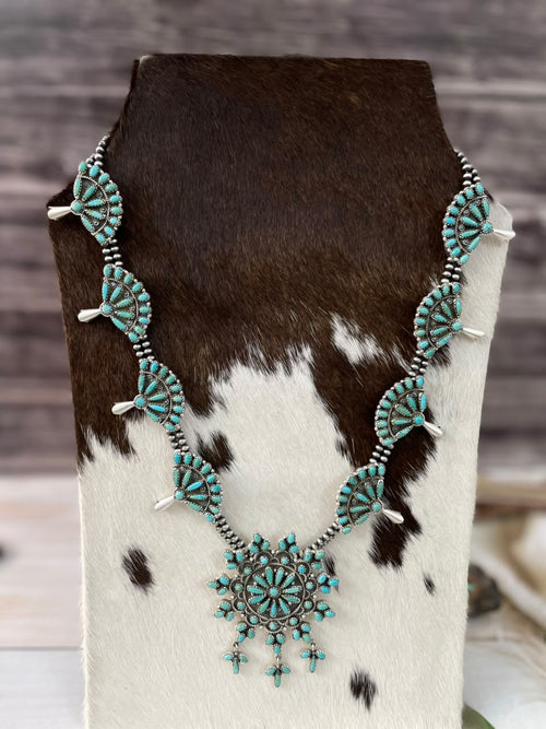 Handmade Sterling Silver Kingman Turquoise Squash Blossom Beaded Necklace Signed Nizhoni