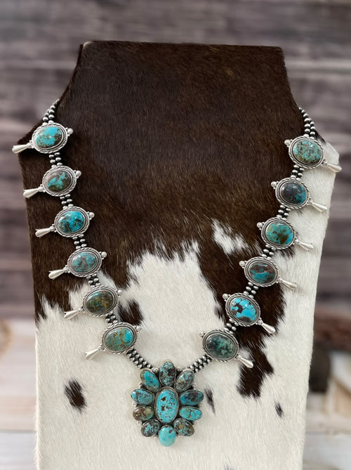 Handmade Sterling Silver Crimson Cowgirl Turquoise Collection: Beaded Squash Blossom Necklace Signed Nizhoni