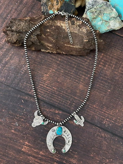 Handmade Sterling Silver Kingman Turquoise NFR Collection: Naja Beaded Necklace Signed Nizhoni