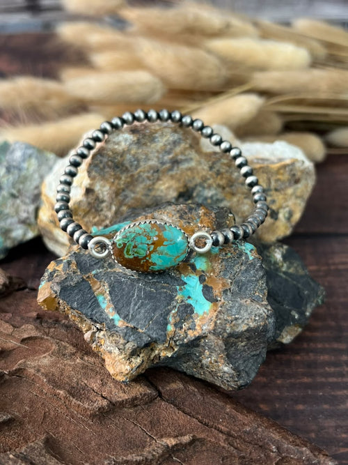 Handmade Sterling Silver Royston Ribbon Turquoise Stretchy Beaded Bracelet Signed Nizhoni
