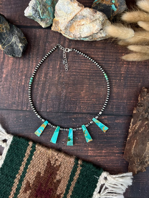 Handmade Sterling Silver Kingman Turquoise Beaded Necklace Signed Nizhoni