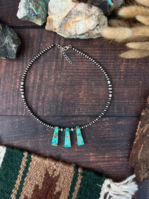 Handmade Sterling Silver Kingman Turquoise Beaded Necklace Signed Nizhoni