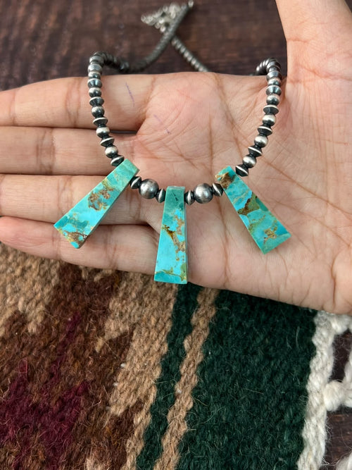 Handmade Sterling Silver Kingman Turquoise Beaded Necklace Signed Nizhoni