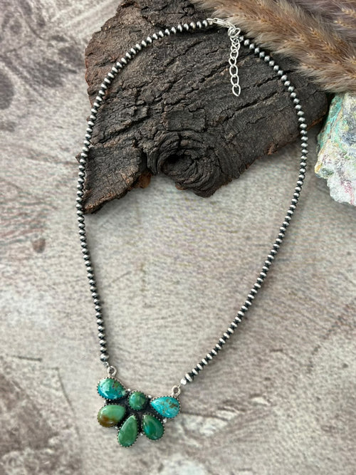 Handmade Sterling Silver Carico Lake Turquoise Beaded Necklace Signed Nizhoni