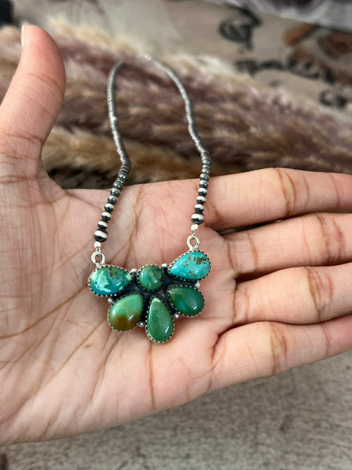 Handmade Sterling Silver Carico Lake Turquoise Beaded Necklace Signed Nizhoni