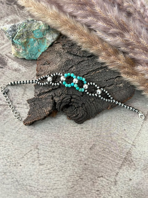 Handmade Sterling Silver Kingman Turquoise Beaded Chain Bracelet Signed Nizhoni