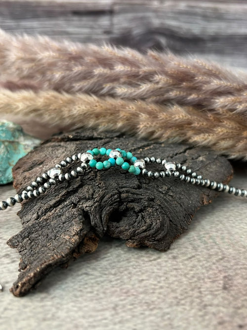 Handmade Sterling Silver Kingman Turquoise Beaded Chain Bracelet Signed Nizhoni