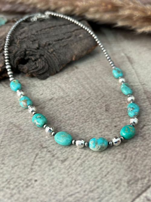 Handmade Sterling Silver Kingman Turquoise Beaded Necklace Signed Nizhoni