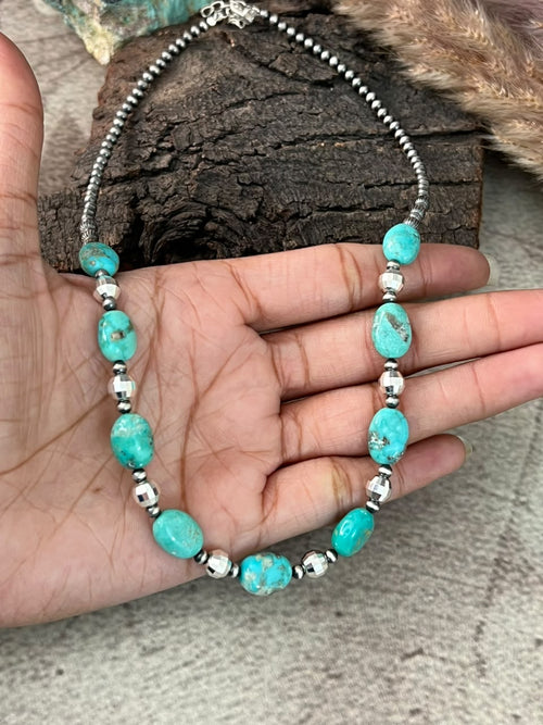 Handmade Sterling Silver Kingman Turquoise Beaded Necklace Signed Nizhoni