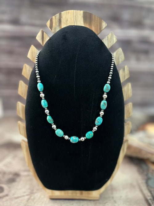 Handmade Sterling Silver Kingman Turquoise Beaded Necklace Signed Nizhoni