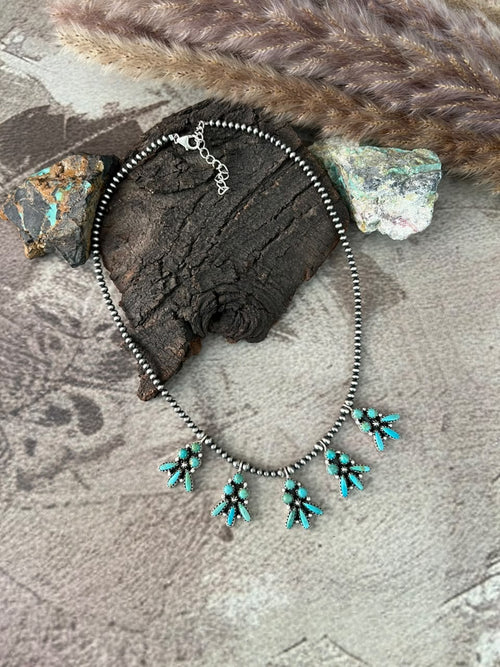 Handmade Sterling Silver Kingman Turquoise Beaded Necklace Signed Nizhoni